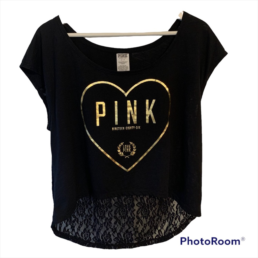 Pink by Victoria’s Secret S wide gold print heart crop top lace back hi low